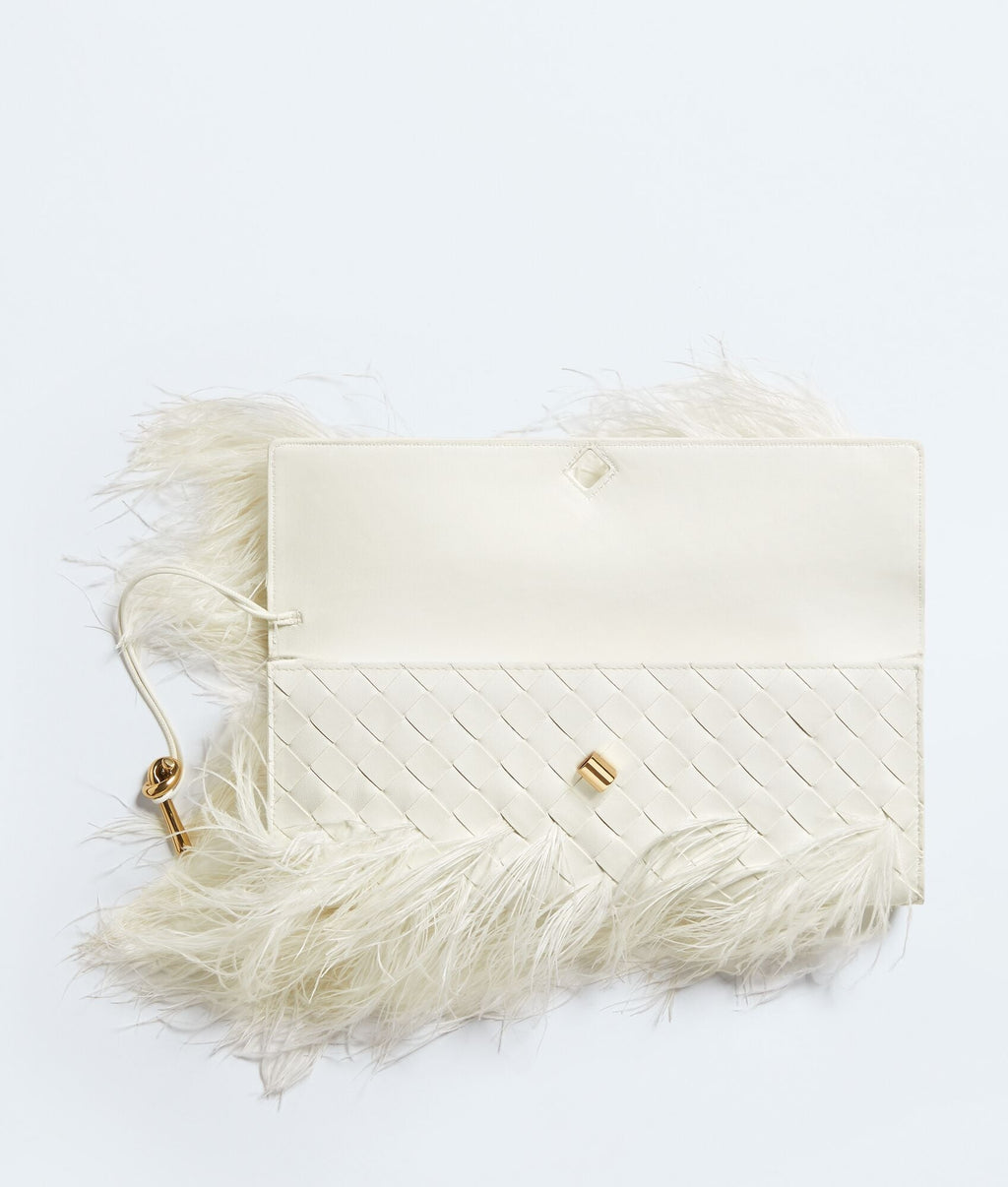 Louzir Women's Alabaster Feather Trim Woven Clutch Bag